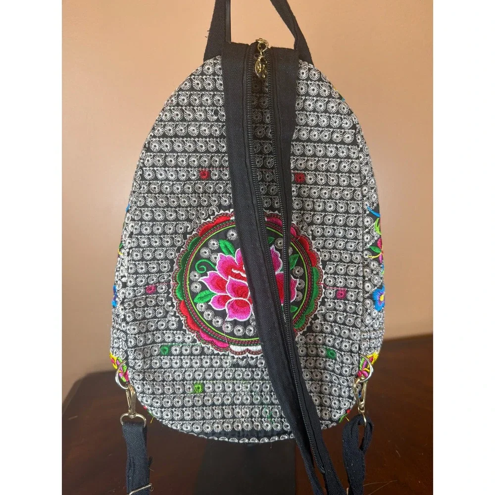 Boho‎ Floral Embroidered Mini Backpack Sling Bag Black Pink Lotus Folk Art